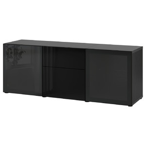 BESTÅ Storage combination with drawers, black-brown/Selsviken high-gloss/black smoked glass, 180x42x65 cm