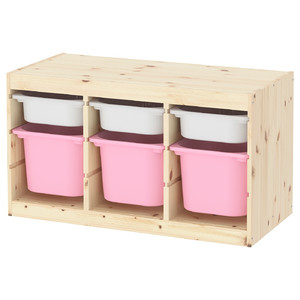 TROFAST Storage combination with boxes, light white stained pine white/pink, 93x44x52 cm