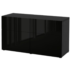 BESTÅ Storage combination w doors/drawers, black-brown/Selsviken high-gloss/black, 120x42x65 cm