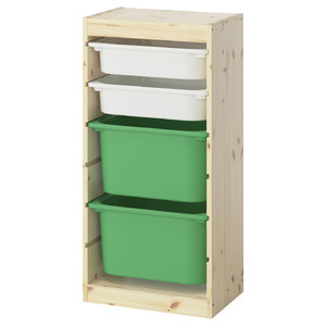 TROFAST Storage combination with boxes, light white stained pine white/bright green, 44x30x91 cm