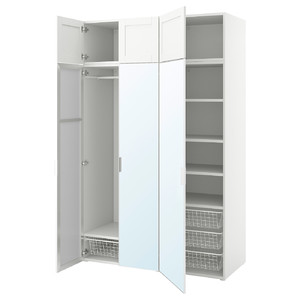 PLATSA Wardrobe w 6 doors, white STRAUMEN mirror glass /SANNIDAL white, 140x57x221 cm