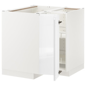 METOD Corner base cabinet with carousel, white, Voxtorp high-gloss/white, 88x88 cm