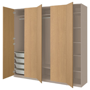 PAX / STORKLINTA Wardrobe combination, grey-beige/oak effect, 250x60x236 cm