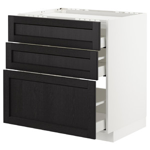 METOD / MAXIMERA Base cab f hob/3 fronts/3 drawers, white, Lerhyttan black stained, 80x60 cm