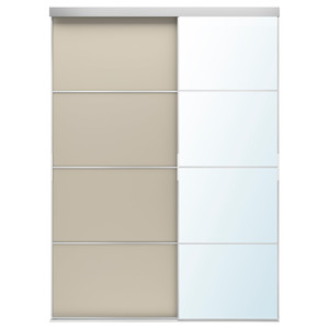 MEHAMN/AULI/SKYTTA Sliding door combination, aluminium double sided/grey-beige mirror glass, 177x240 cm