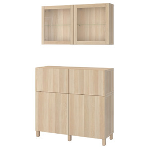 BESTÅ Storage combination w doors/drawers, white stained oak effect/Lappviken/Stubbarp white stained oak eff clear glass, 120x42x213 cm