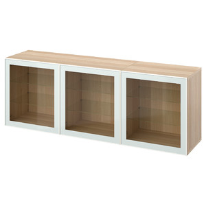 BESTÅ Storage combination with doors, white stained oak effect Glassvik/white/light green clear glass, 180x42x65 cm