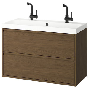 ÄNGSJÖN / BACKSJÖN Wash-stnd w drawers/wash-basin/taps, brown oak effect, 100x48x69 cm