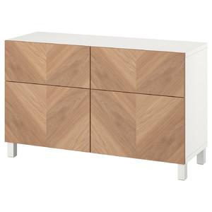 BESTÅ Storage combination w doors/drawers, white, Hedeviken/Stubbarp oak veneer, 120x42x74 cm