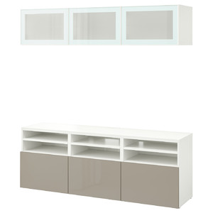 BESTÅ TV storage combination/glass doors, white/Selsviken high-gloss/beige frosted glass, 180x42x192 cm