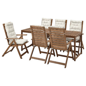 NÄMMARÖ Table+6 reclining chairs, outdoor, light brown stained/Kuddarna light grey-beige, 200x75 cm