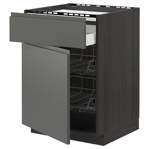 METOD / MAXIMERA Base cab f hob/drawer/2 wire bskts, black/Voxtorp dark grey, 60x60 cm