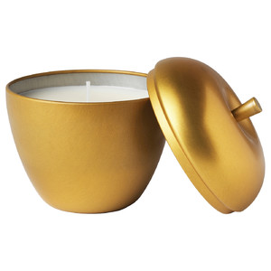 VINTERFINT Scented candle in metal tin, apple-shaped/Winter apples gold-colour, 24 hr