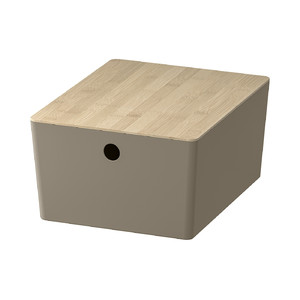 KUGGIS Box with lid, dark grey-beige/bamboo, 26x35x15 cm