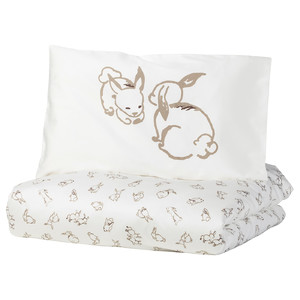 RÖDHAKE Quilt cover/pillowcase for cot, rabbit pattern, white/beige, 110x125/35x55 cm