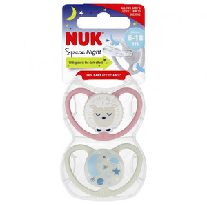 NUK Space Soother Pacifier Night 6-18m 2pcs, lilac/white