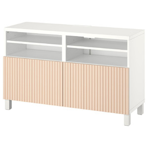 BESTÅ TV bench with doors, white/Björköviken/Stubbarp birch veneer, 120x42x74 cm