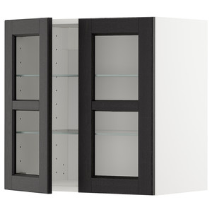 METOD Wall cabinet w shelves/2 glass drs, white/Lerhyttan black stained, 60x60 cm