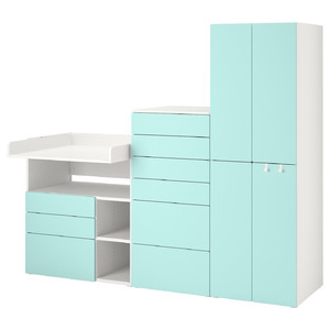 SMÅSTAD / PLATSA Storage combination, white pale turquoise/with changing table, 210x79x181 cm