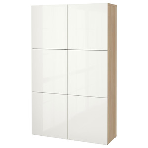 BESTÅ Storage combination with doors, white stained oak effect, Selsviken high-gloss white, 120x40x192 cm