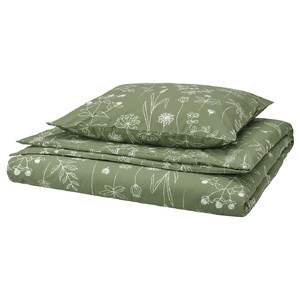 SLÅNGULDMAL Duvet cover and pillowcase, green/floral pattern, 150x200/50x60 cm