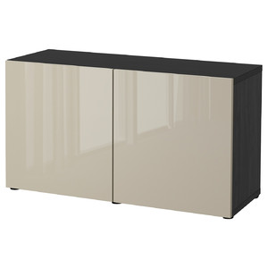 BESTÅ Storage combination with doors, black-brown, Selsviken high-gloss/beige, 120x42x65 cm