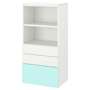 SMÅSTAD / PLATSA Bookcase, white pale turquoise/with 3 drawers, 60x42x123 cm