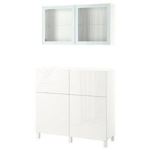 BESTÅ Storage combination w doors/drawers, white/Selsviken/Stubbarp high-gloss/white clear glass, 120x42x213 cm