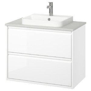 ÄNGSJÖN / BACKSJÖN Wash-stnd w drawers/wash-basin/tap, high-gloss white/grey stone effect, 82x49x71 cm