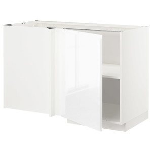 METOD Corner base cabinet with shelf, white/Voxtorp high-gloss/white, 128x68 cm