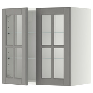 METOD Wall cabinet w shelves/2 glass drs, white/Bodbyn grey, 60x60 cm