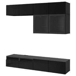 BESTÅ TV storage combination/glass doors, black-brown/Selsviken high-gloss/black clear glass, 240x42x231 cm