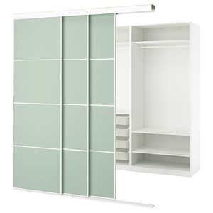 SKYTTA / PAX Walk-in wardrobe with sliding doors, white double sided/Mehamn light green, 226x160x240 cm