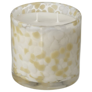 JÄMLIK Scented candle in glass, 2 wicks, Vanilla/light grey-beige, 50 hr