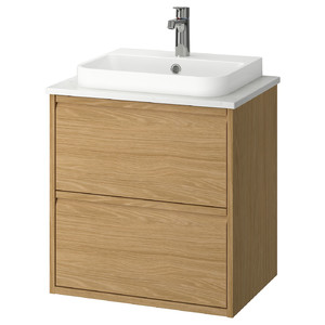 ÄNGSJÖN / BACKSJÖN Wash-stnd w drawers/wash-basin/tap, oak effect/white marble effect, 62x49x71 cm