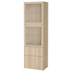 BESTÅ Storage combination w glass doors, white stained oak effect, Lappviken white stained oak eff, clear glass, 60x42x192 cm