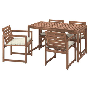 NÄMMARÖ Table+4 chairs w armrests, outdoor, light brown stained/Kuddarna beige