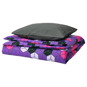 BLÅSKATA Duvet cover and pillowcase, purple/black patterned, 150x200/50x60 cm