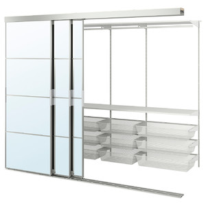 SKYTTA / BOAXEL Walk-in wardrobe with sliding doors, aluminium/Auli mirror glass, 251x115x205 cm