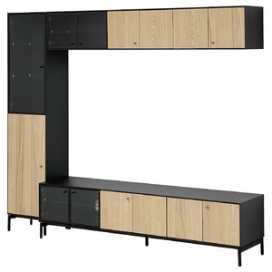 BOASTAD TV storage combination, black/oak veneer, 223x42x185 cm
