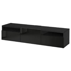 BESTÅ TV bench, black-brown, Selsviken high-gloss/black, 180x42x39 cm