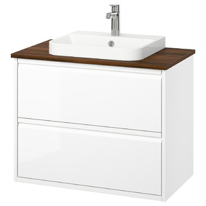 ÄNGSJÖN / BACKSJÖN Wash-stnd w drawers/wash-basin/tap, high-gloss white/brown walnut effect, 82x49x71 cm