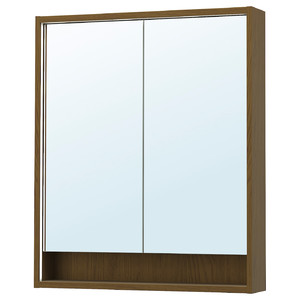 FAXÄLVEN Mirror cabinet w built-in lighting, brown oak effect, 80x15x95 cm