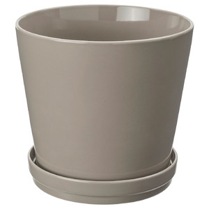 KLOTLÖNN Plant pot with saucer, in/outdoor/grey/beige, 24 cm