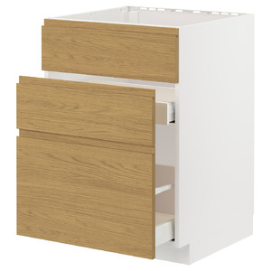 METOD / MAXIMERA Base cab f sink+3 fronts/2 drawers, white/Voxtorp oak effect, 60x60 cm