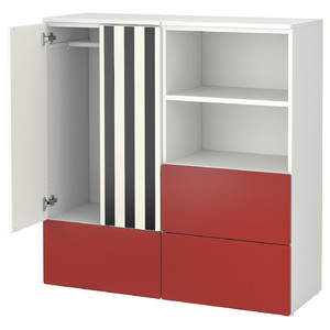 SMÅSTAD / PLATSA Storage combination, white red/stripe with 3 drawers, 120x42x123 cm