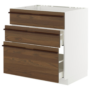 METOD / MAXIMERA Base cab f sink+3 fronts/2 drawers, white/Stensta dark brown ash veneer, 80x60 cm