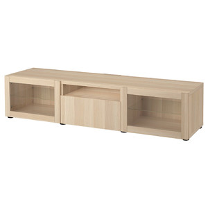 BESTÅ TV bench, white stained oak effect, Lappviken white stained oak eff clear glass, 180x42x39 cm