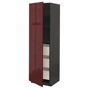 METOD / MAXIMERA High cabinet with drawers, black Kallarp/high-gloss dark red-brown, 60x60x200 cm