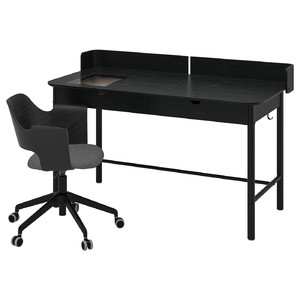 RIDSPÖ / FJÄLLBERGET Desk and chair, anthracite black stained ash veneer/dark grey
